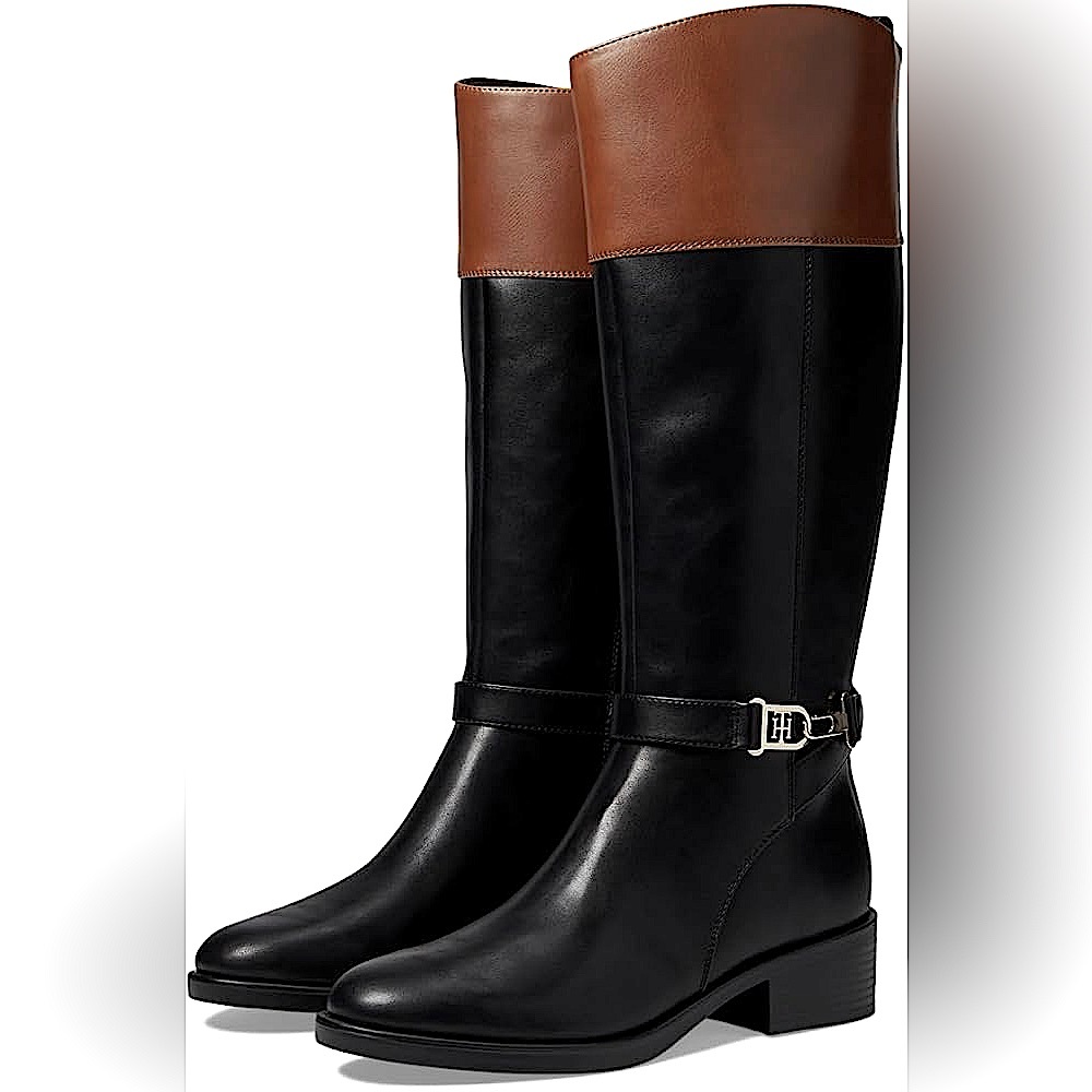 MICHAEL KORS MK LOGO 100% Leather Riding Boot -Black/Tobac Brown-Sz-8M(SEE PHOTO